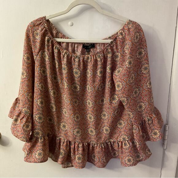 Sanctuary Boho Cropped Bell Ruffle Sleeve Blouse L Bohemian Coquette Girl Prints - Picture 1 of 10